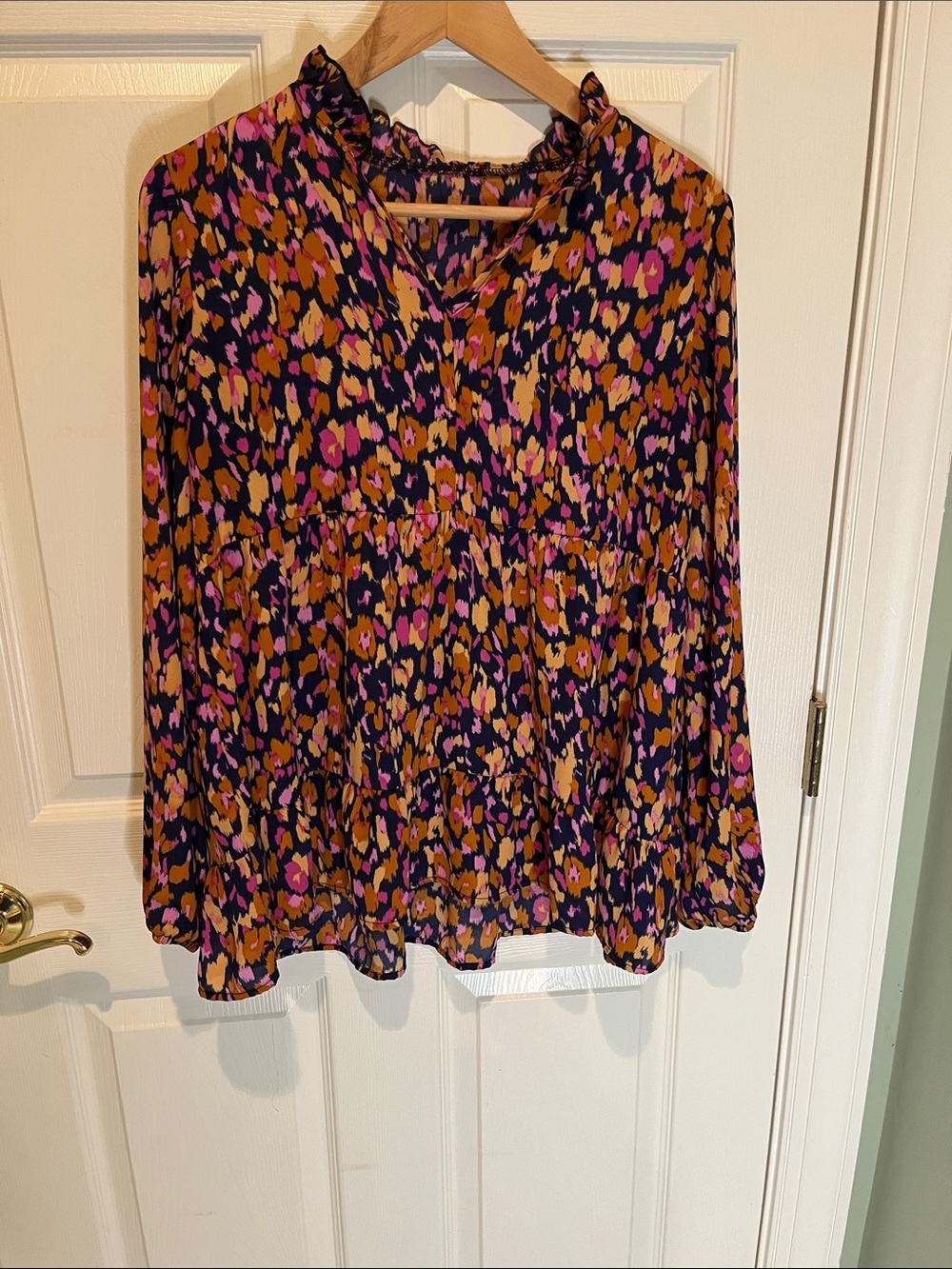 Womens Floral Print Tiered Long-Sleeve Blouse in Navy, Pink & Mustard